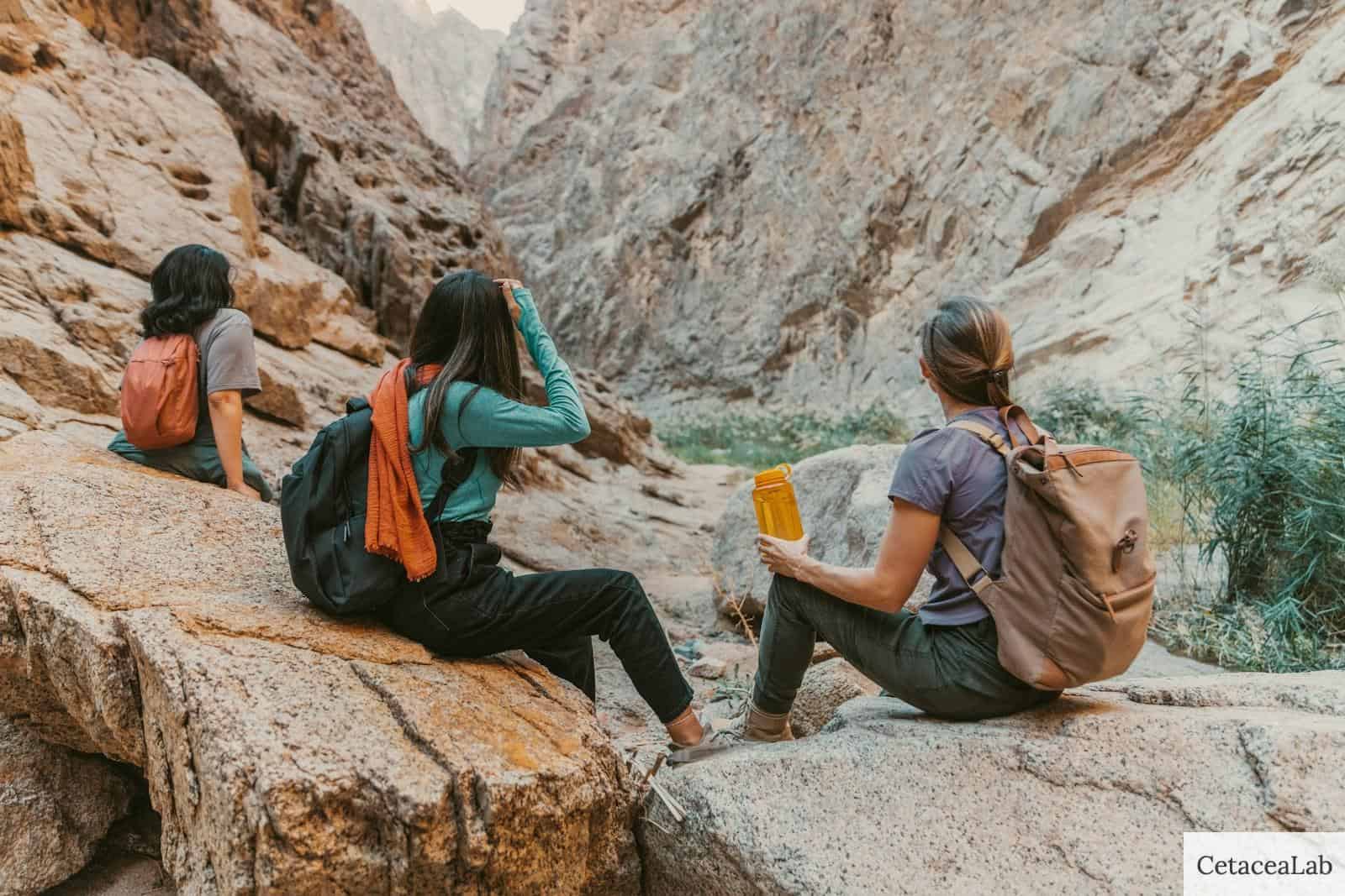 a group of people sitting on top of a rock