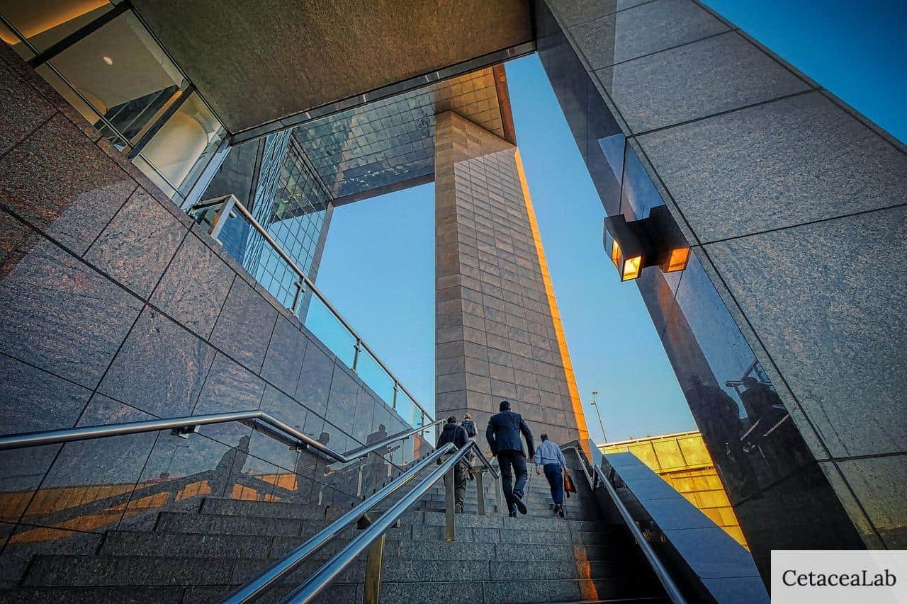 stairs, building, businessmen