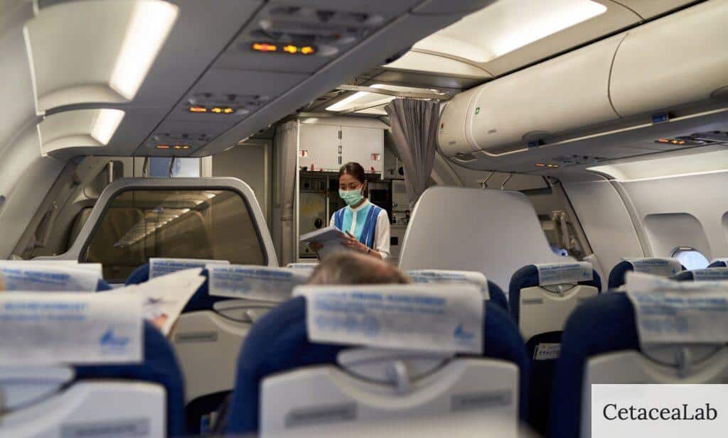 a woman in a face mask sitting on an airplane