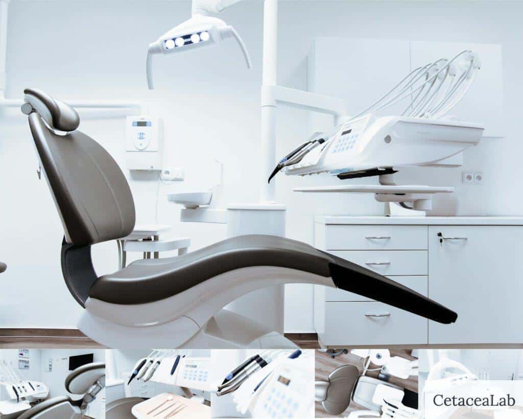 A modern dental clinic interior showcasing a dental chair and equipment in a clean, clinical setting.