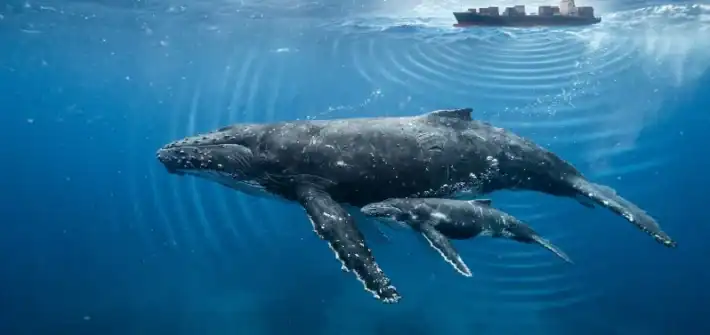Ballena y cría bajo una ruta marítima con ruido submarino
