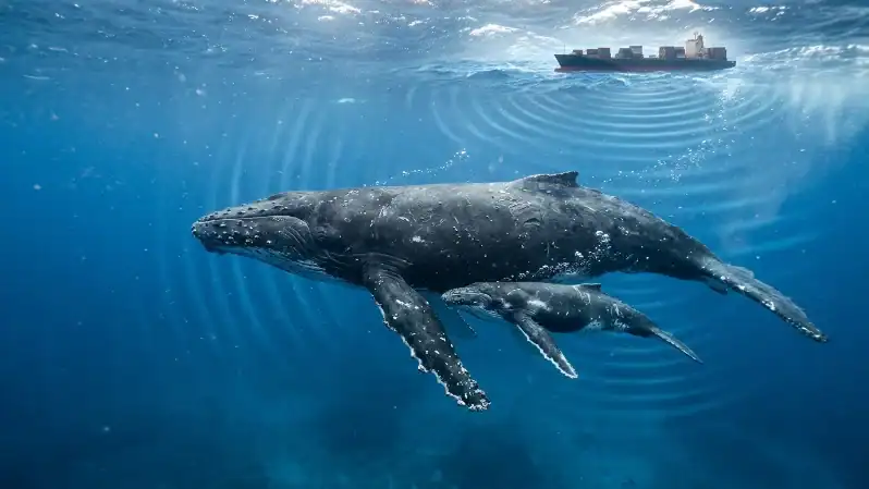 Ballena y cría bajo una ruta marítima con ruido submarino