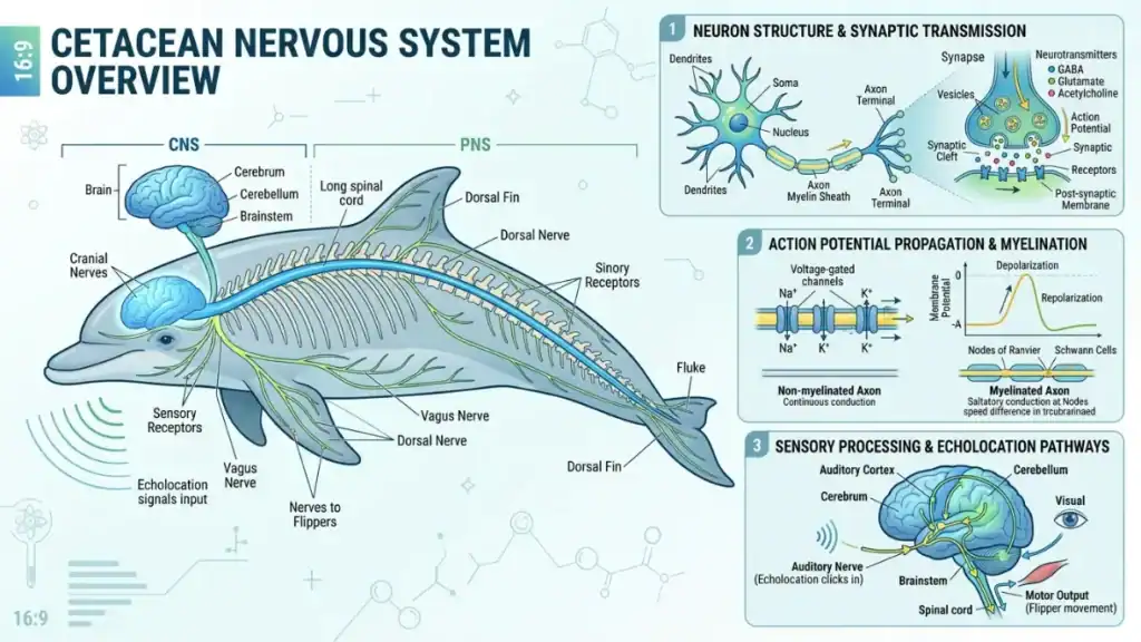 esquema sistema nervioso y red neuronal del delfín