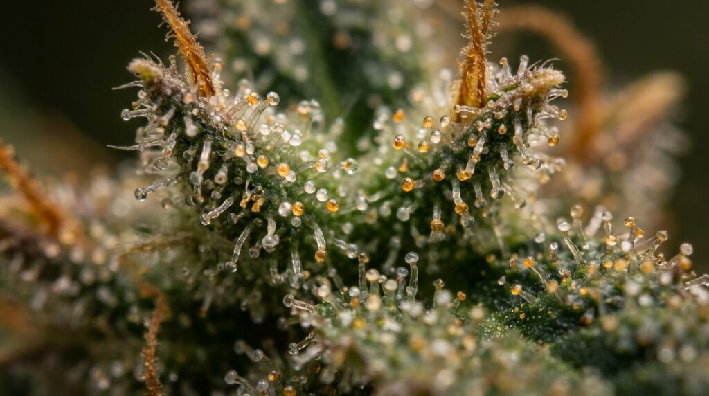 Detalle de los tricomas presentes en una flor de cáñamo